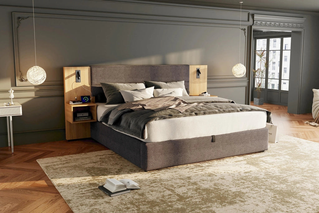 letto imbottito velluto grigio e naturale 160 x 200 cm