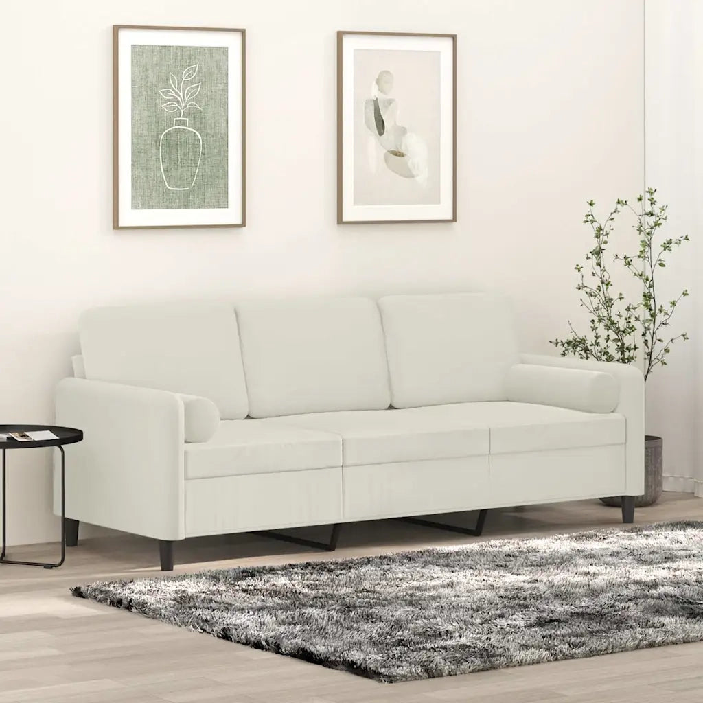 Divano a 3 Posti con Cuscini Crema 180 cm in Velluto