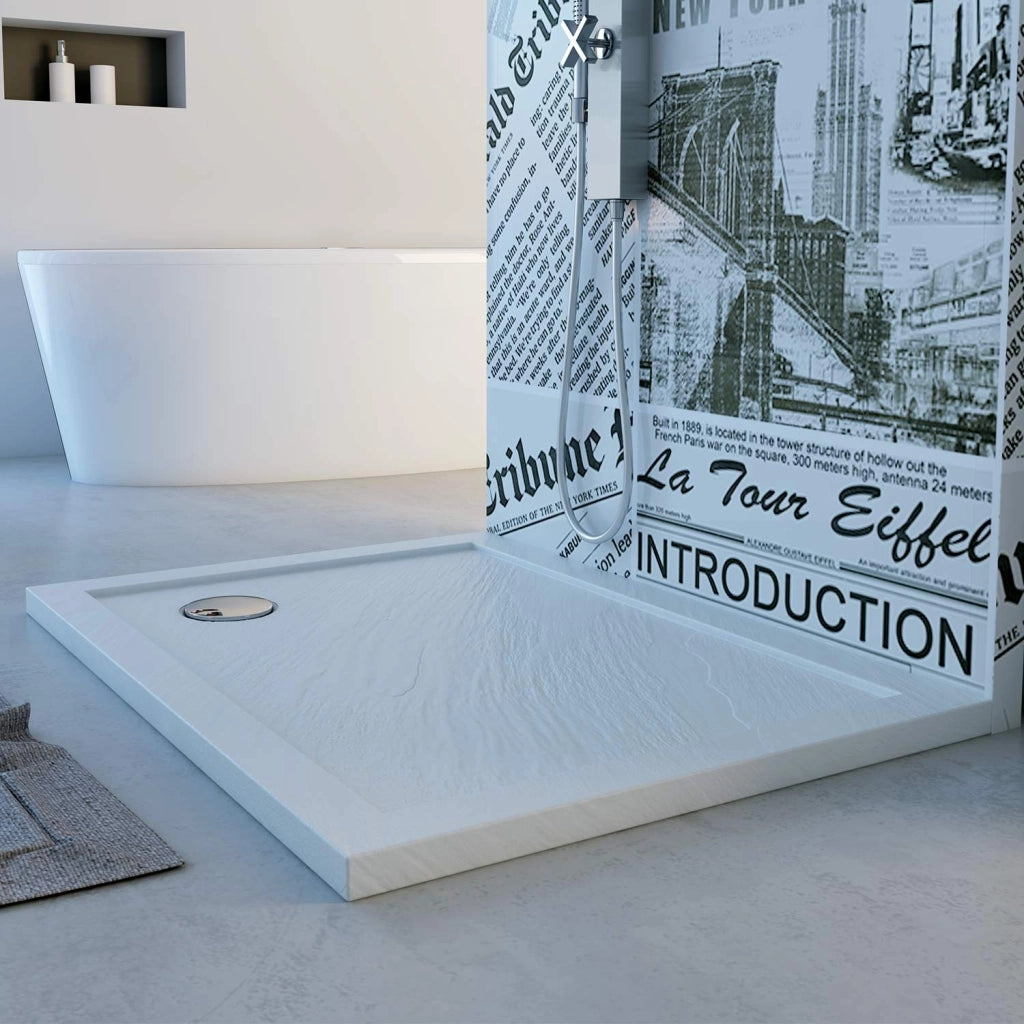 Piatto Doccia Slim 80x80x4 cm Quadrato Acrilico Bordato Bianco Effetto Pietra mod. Flower