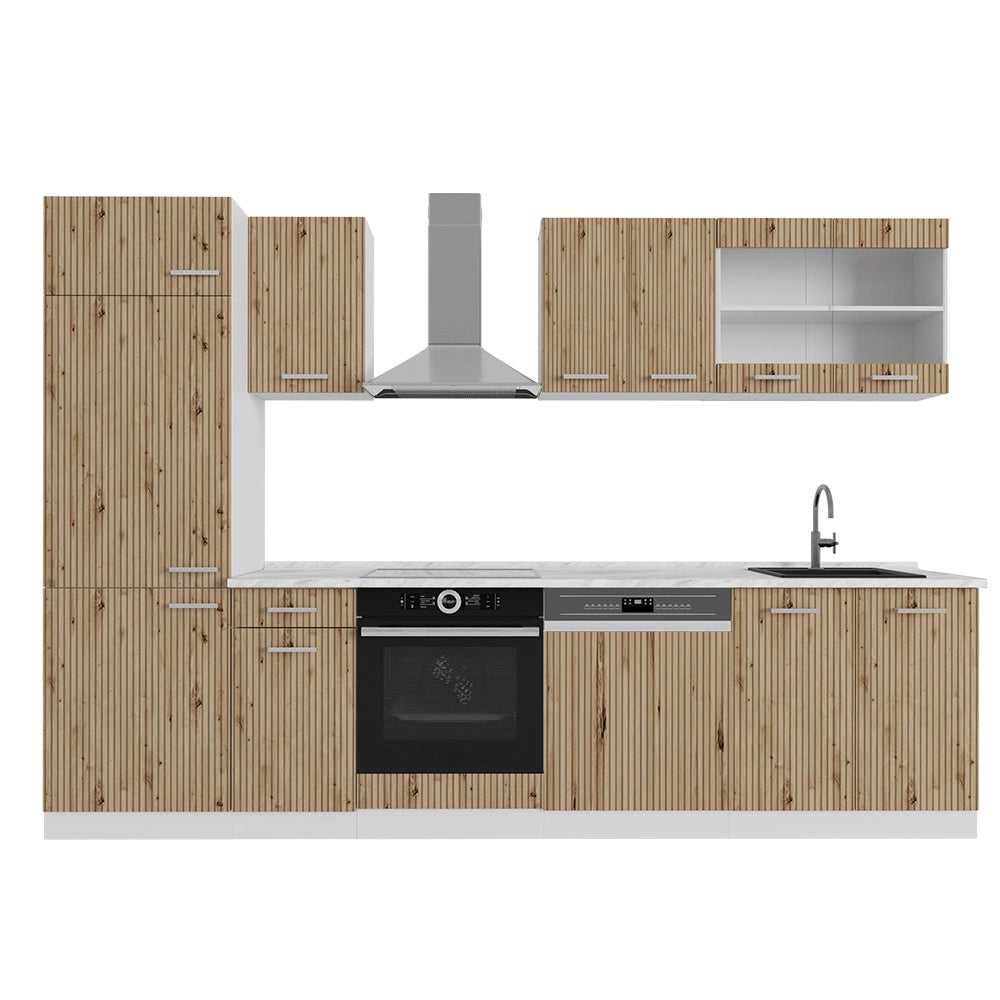 Cucina componibile R-Line Rovere artigianale/Bianco 300 cm, PL Marmo Vicco