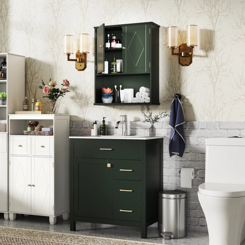 Armadietto muro bagno medico 2 ante ripiano aperto regolabile, Armadietto organizer salvaspazio sopra water lavanderia cucina Verde