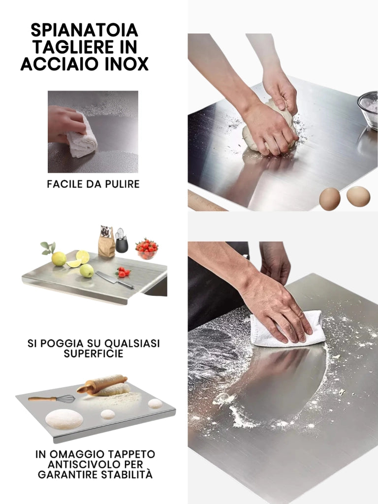 Spianatoia Tagliere in Acciaio Inox 304 per Impastare, con Tappeto Antiscivolo Omaggio 60x48 cm