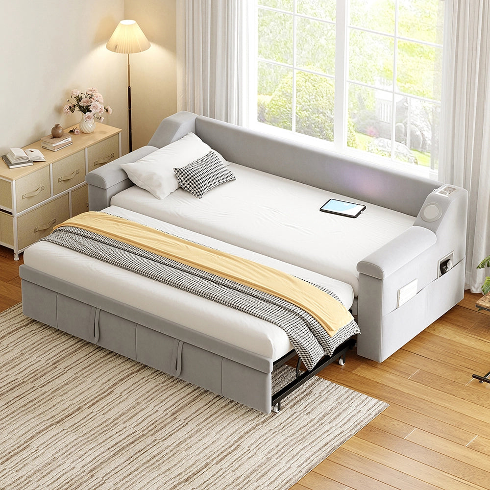 Divano letto - Xylo - 90x190 cm Bluetooth USB velluto grigio chiaro