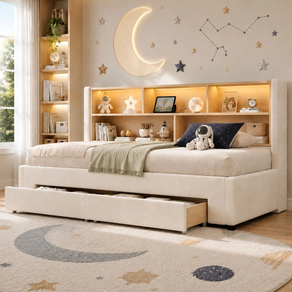 LETTO Estraibile 90x200 cm Velluto Beige con cassetti, USB e LED