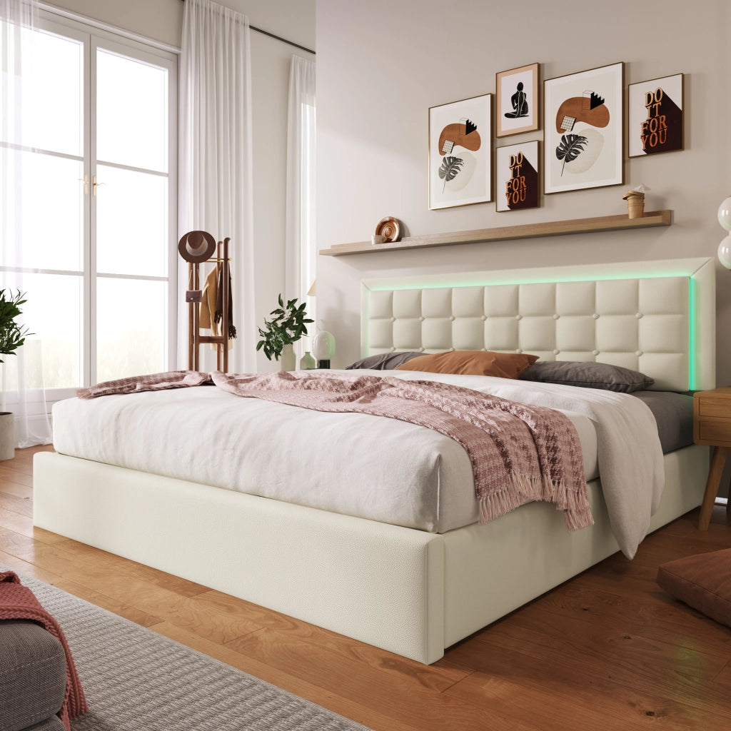 LETTO Contenitore 160x200 cm con LED, PU Bianco
