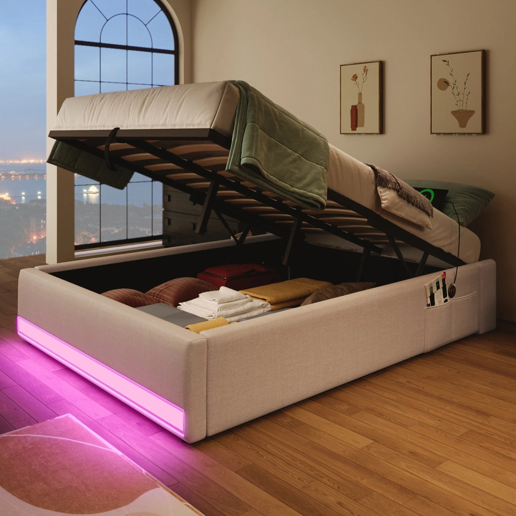Letto imbottito 90x200 cm con LED, porte USB e Type-C, contenitore idraulico, beige