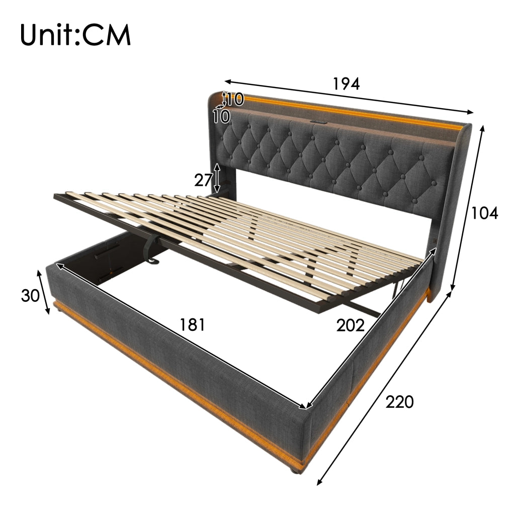 LETTO Contenitore 180x200 cm in lino grigio con LED, USB e Tipo C