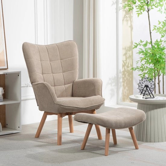 Fauteuil in Corduroy con Bracciuoli in Legno e Cuscini in Corduroy