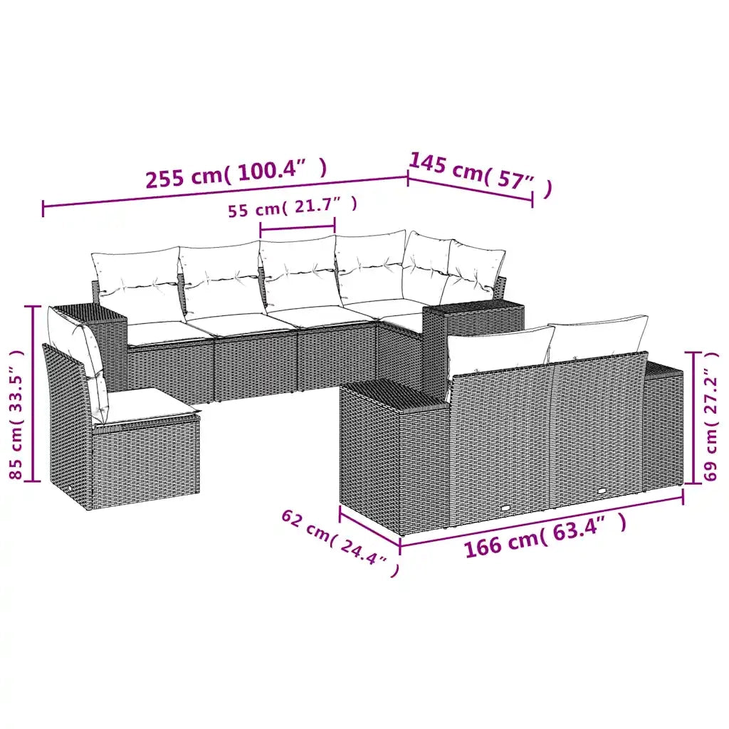 Set Divani da Giardino 8 pz con Cuscini Marrone in Polyrattan 3255180