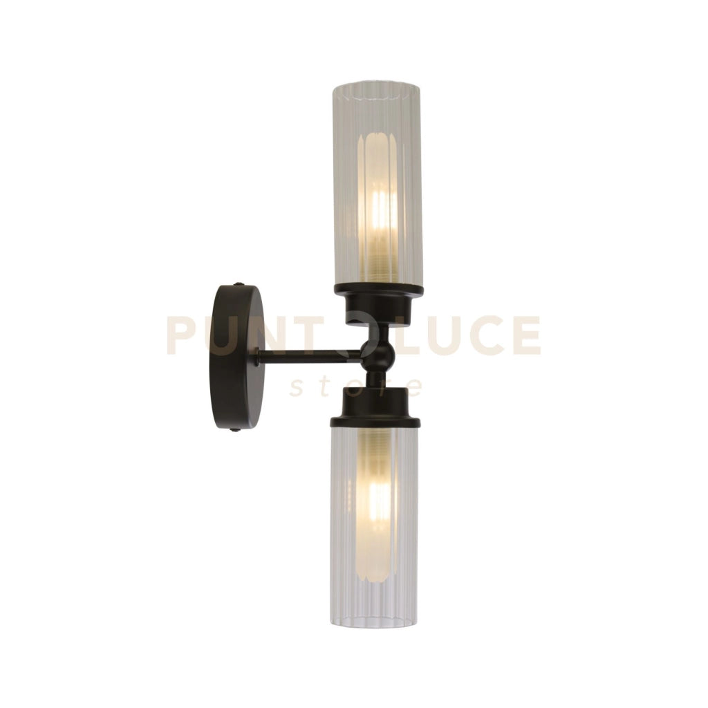 Applique Imperial 2Lt, metallo nero opaco e vetro trasparente a coste