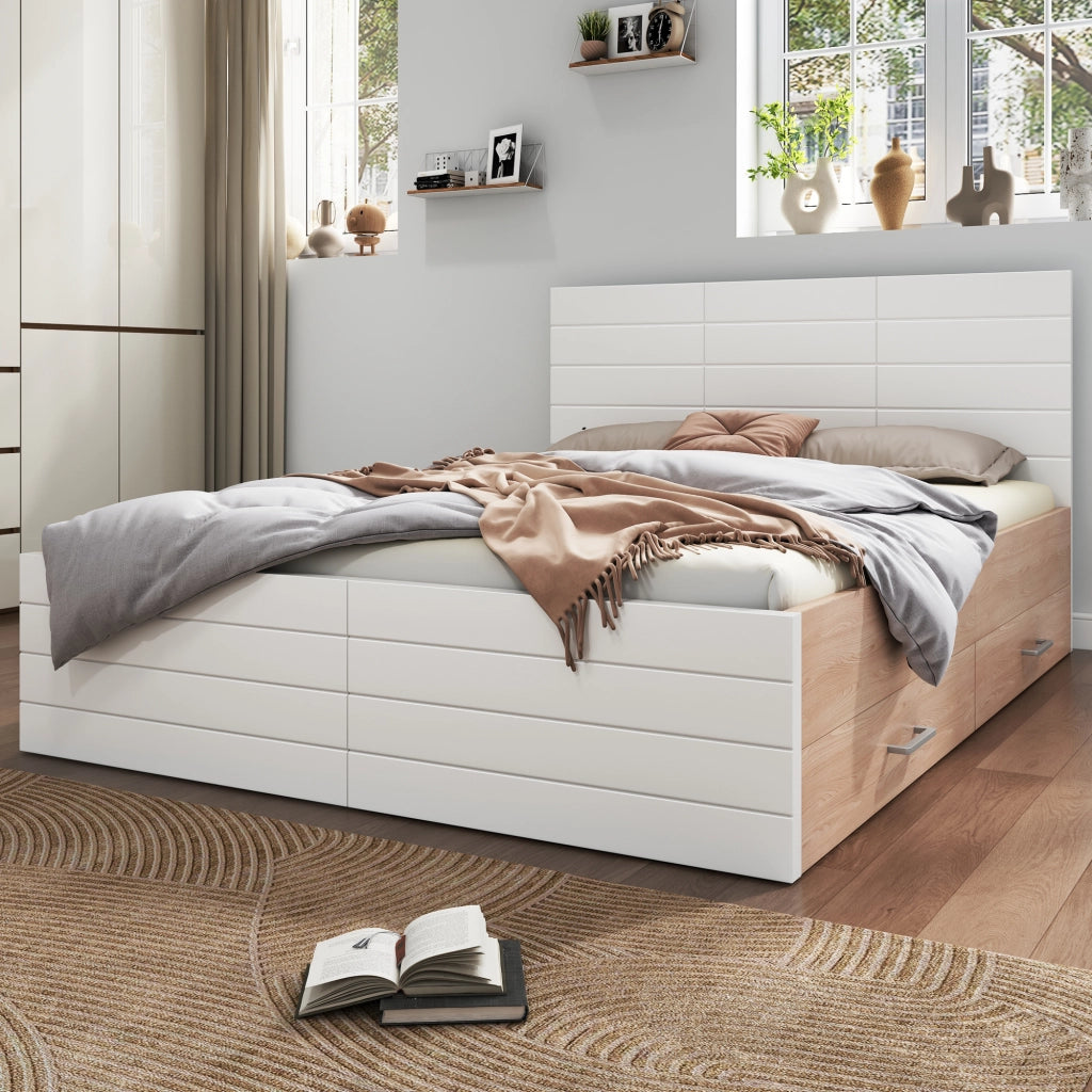 LETTO matrimoniale 180x200 cm con 2 cassetti, bianco e quercia