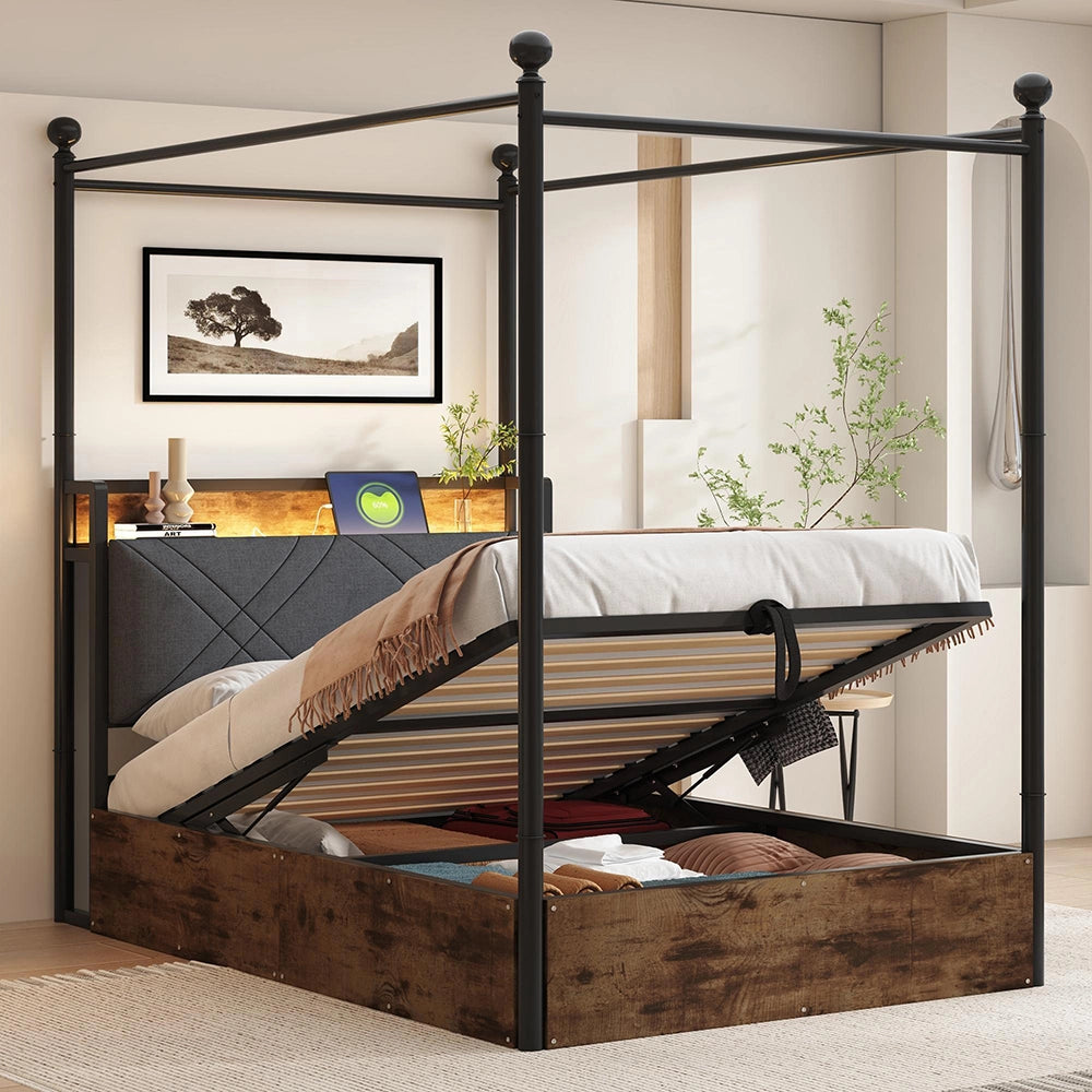 Letto ferro 90x190cm?- Xylo - idraulico LED USB baldaquin nero