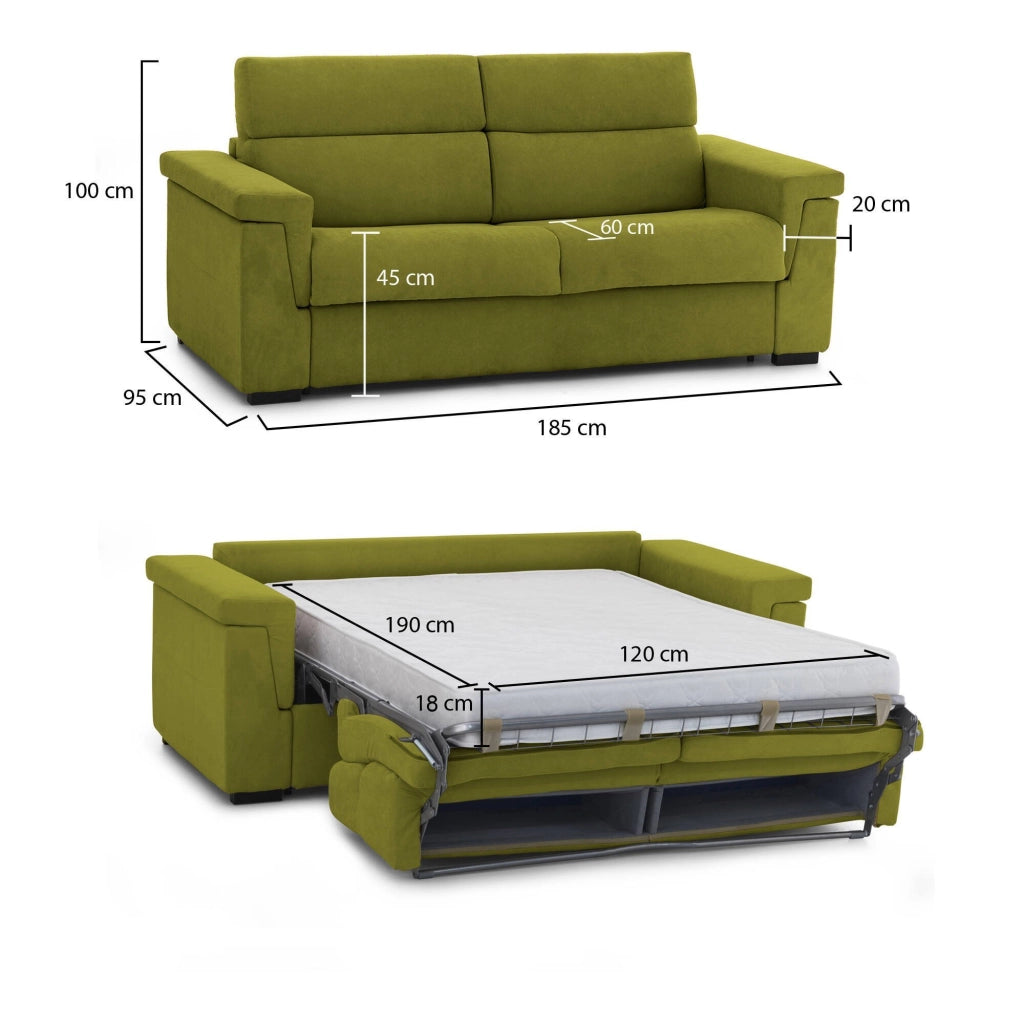 Rigolato, Divano Letto 2 Posti Sfoderabile Made in Italy, 185x95 cm Verde