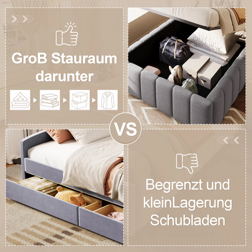 DESMIU Letto Singolo 90 × 200 cm con contenitore idraulico, senza materasso, in lino, grigio