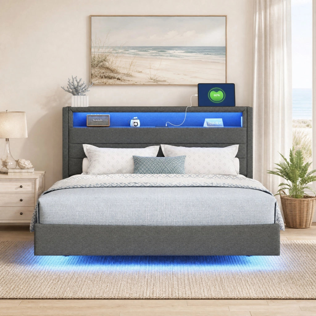 Letto imbottito 140x200 cm grigio con presa USB, luci LED e testiera reversibile
