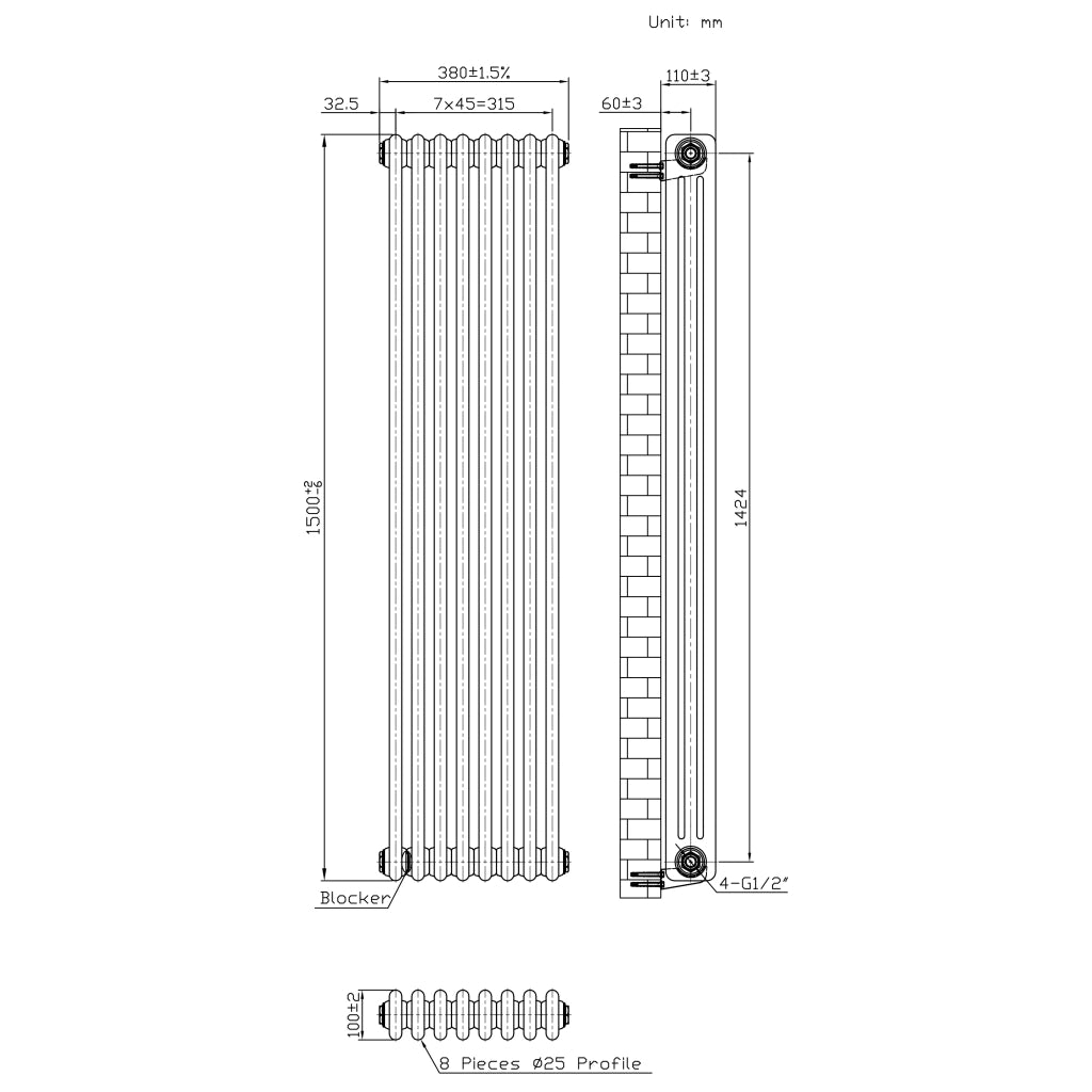 Radiatore 3 Colonne Verticale Metallo Grezzo 1500x380 mm