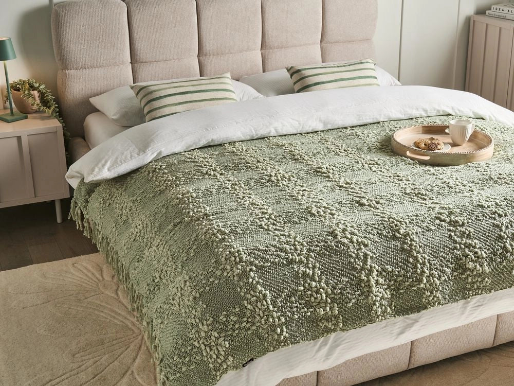 Coperta di cotone intrecciata con nappe verde 150 x 200 cm morbida classica