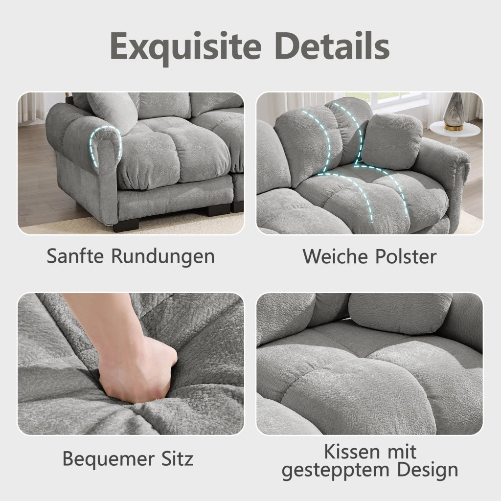 Divano angolare reversibile 2 posti in Chenille con cuscini trapuntati e pouf mobile, Grigio chiaro