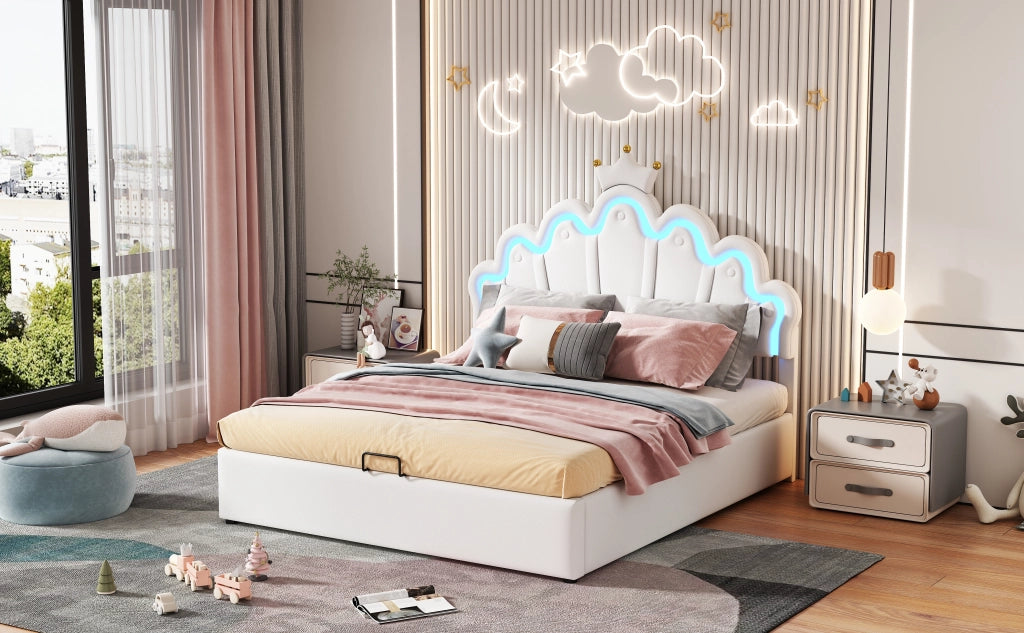 DESMIU Letto contenitore 140 × 200 cm 2 posti con LED regolabile e vano idraulico, senza materasso, PU bianco