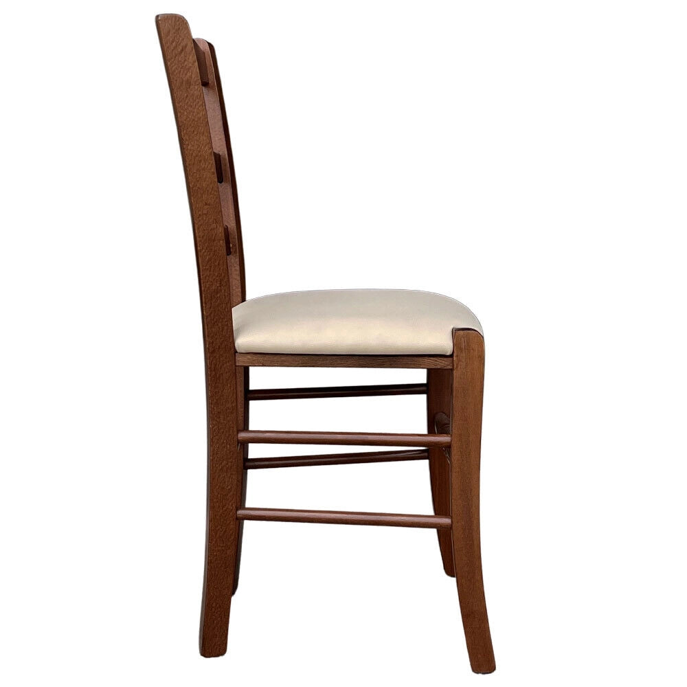 Sedia in legno Loris noce scuro con seduta imbottita in similpelle beige