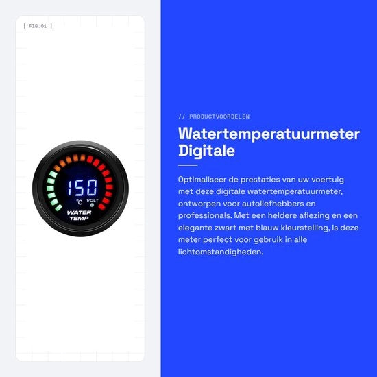 Termometro digitale per autoveicoli 12V - 52mm - Display LED - Alta sensibilità - Installazione facile - Adatto per veicoli 12V - Nero con lettura blu chiaro - Termometro