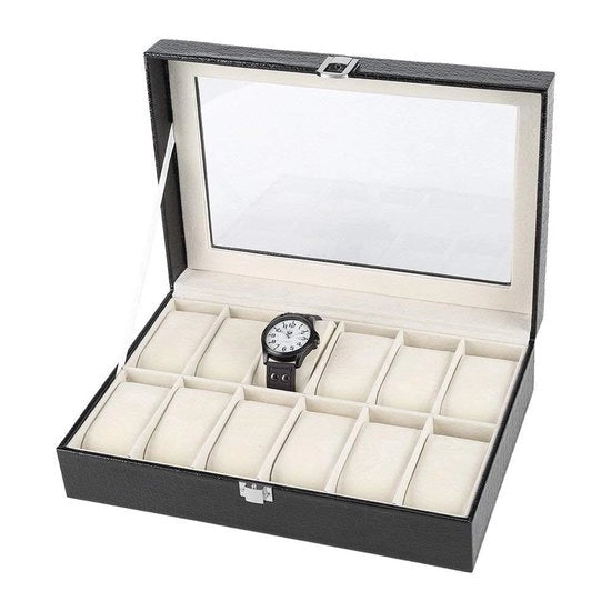 Cassafissa orologio 12-slot - Pelle PU - Vetrino trasparente - Chiusura metallica - Organizzatore - Design elegante - 20 x 30 x 8 cm - Cassafissa orologio