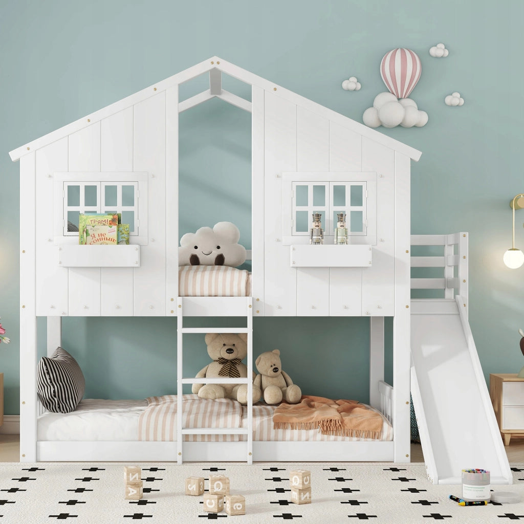 Letto a castello con scivolo e tetto - Xylo - 90x200 - Bianco
