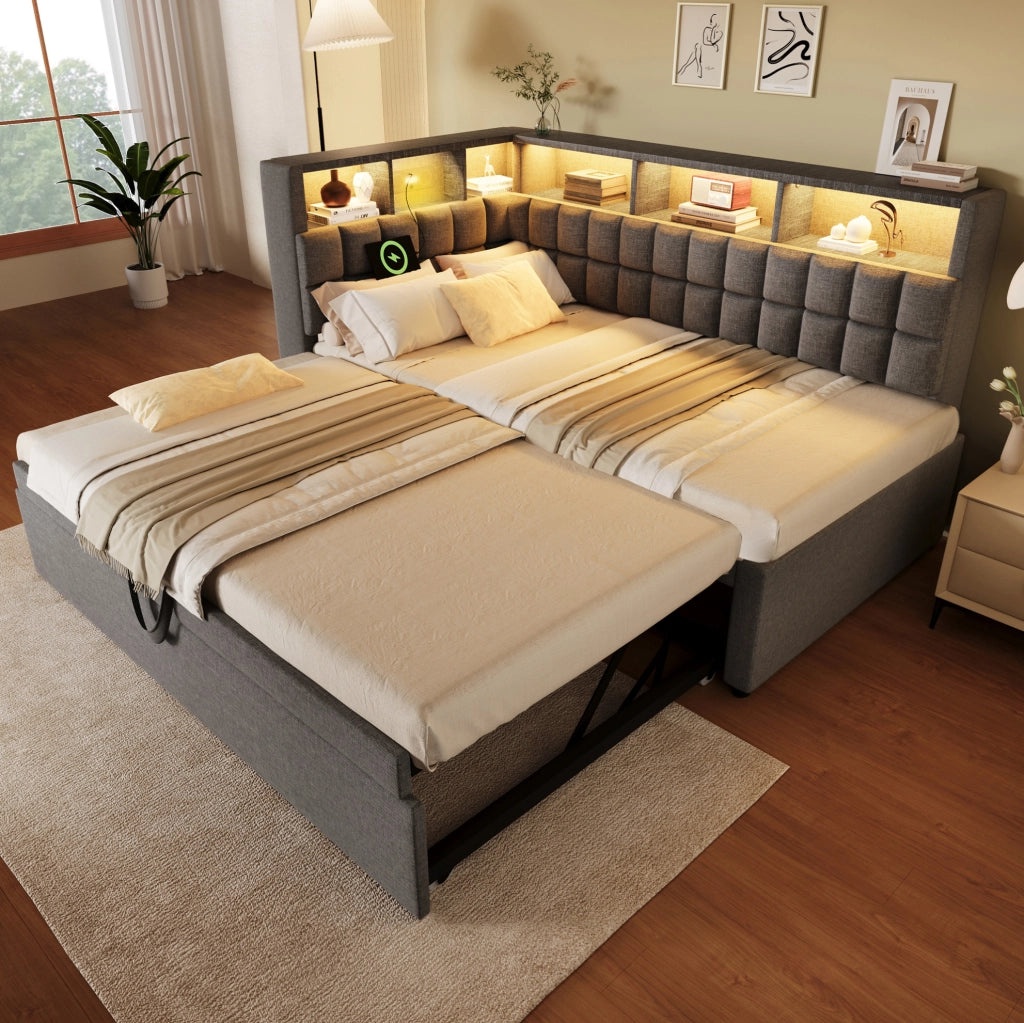 Letto imbottito con rete estraibile, LED, Bluetooth e porta USB/Type-C, grigio