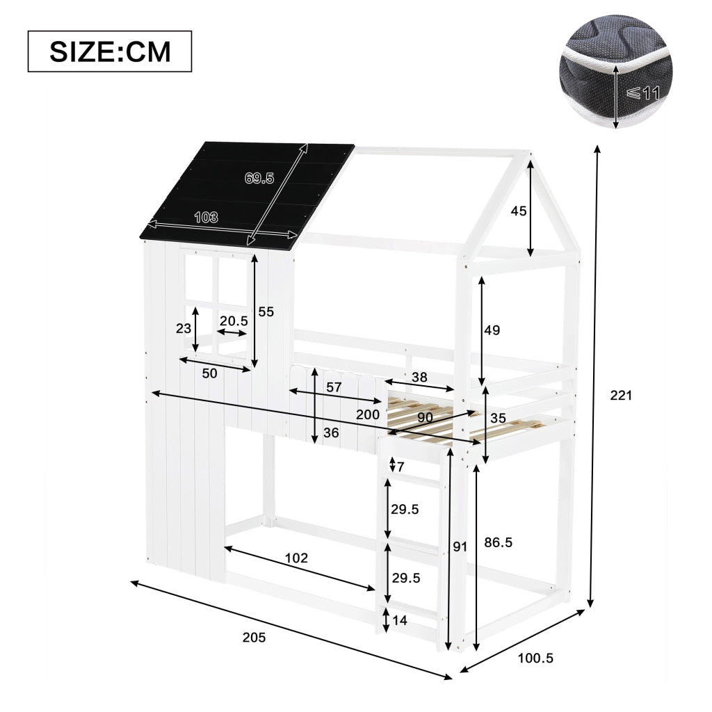 LETTO a soppalco per bambini 90x200 cm bianco e nero in pino e MDF