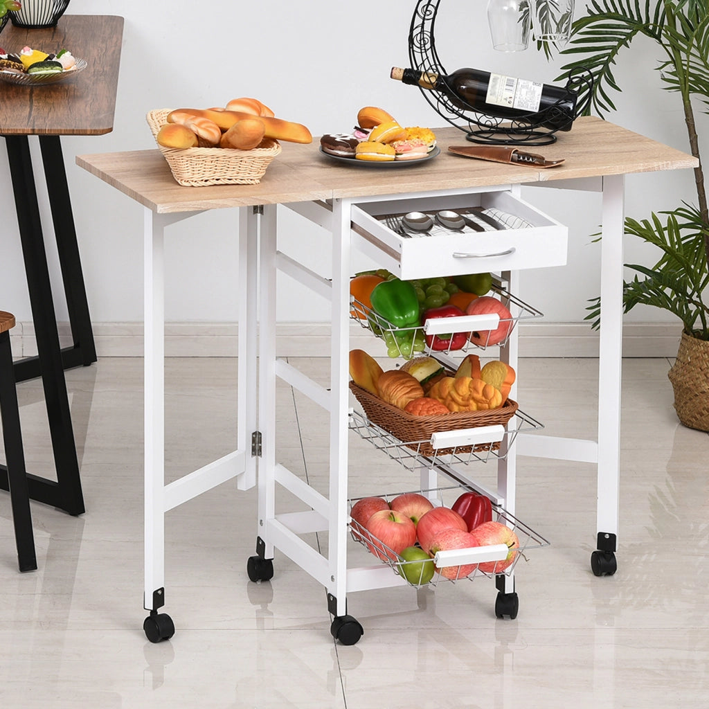 Carrello Portavivande Pieghevole per Cucina ¨C zephmum ¨C Bianco e Legno, 37x37x77.5 cm