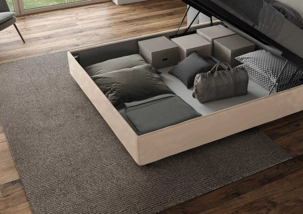 BS COM Letto matrimoniale king size contenitore imbottito 200x210 microfibra sabbia