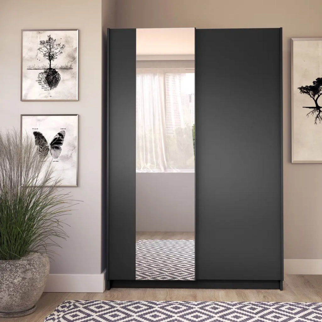 Armadio LYSIA 120 cm nero opaco – 2 porte scorrevoli con specchio
