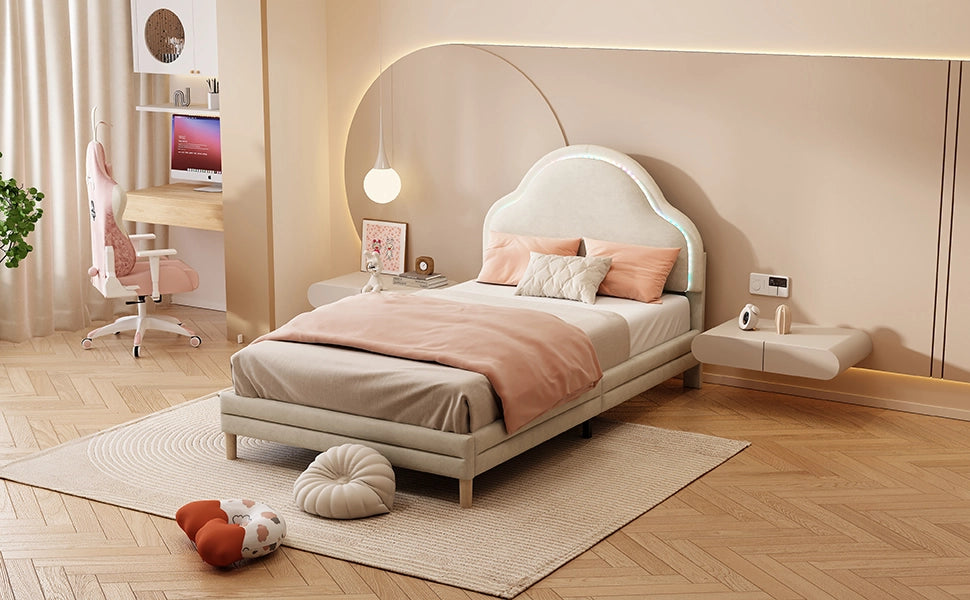 Letto Singolo Imbottito con Testiera LED a Nuvola ¨C MINIMAL ¨C Velluto Beige 90x200