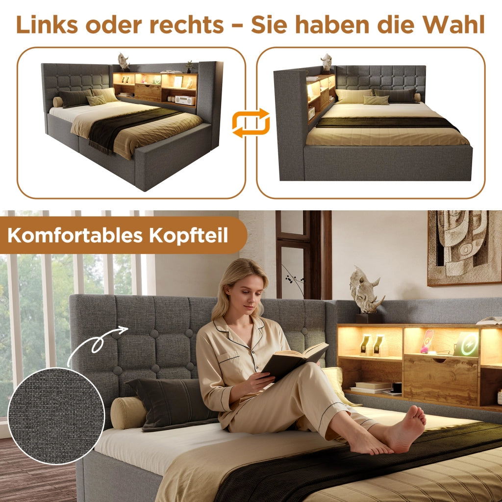 LETTO imbottito 140x200 cm in tessuto grigio con LED, USB e vano contenitore