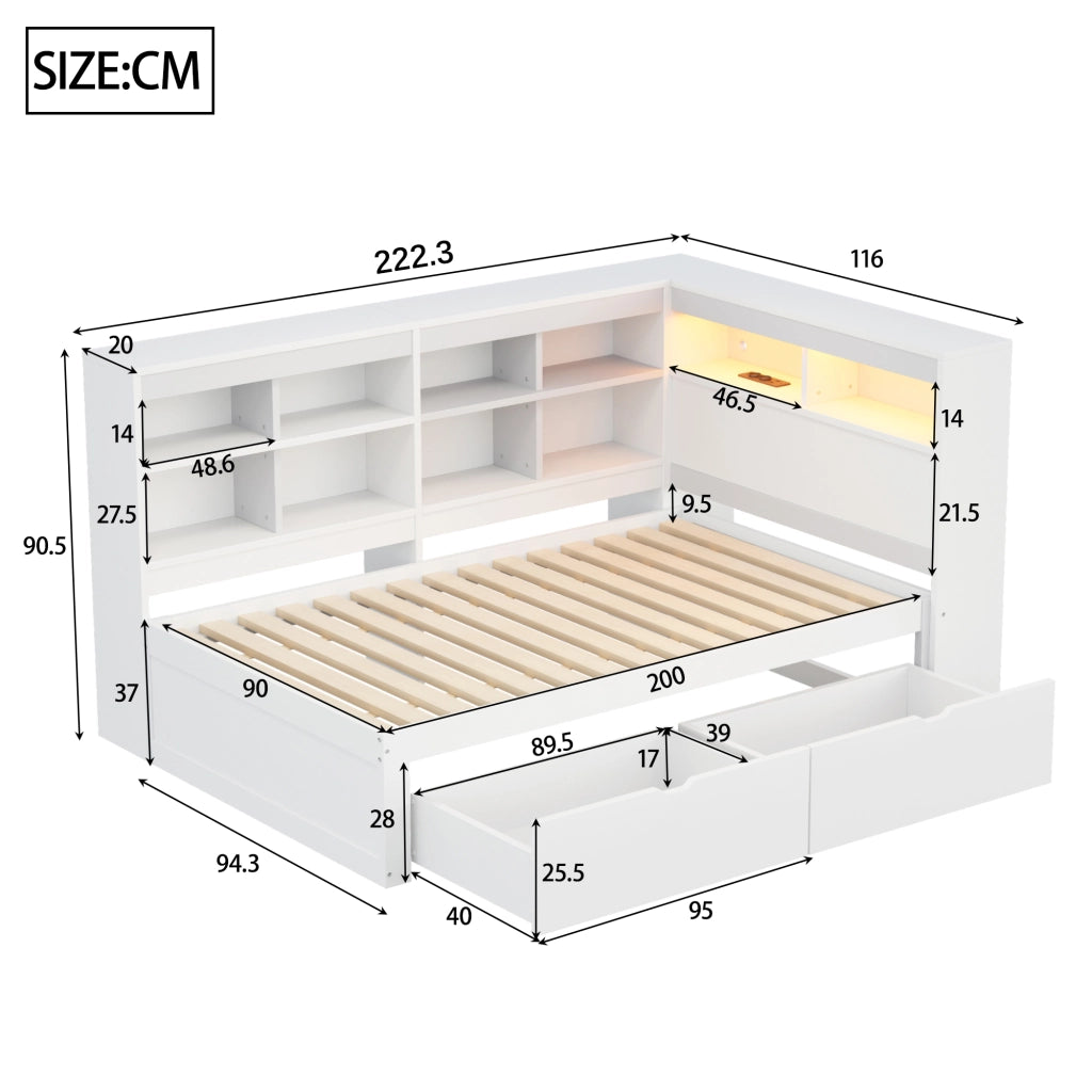 Letto Singolo in Legno Massello con LED, USB e Contenitore ¨C MINIMAL ¨C Bianco 90x200
