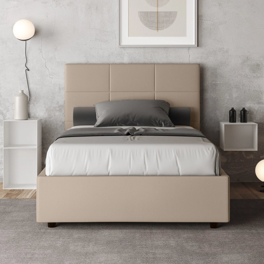 BS COM Letto una piazza e mezza con rete imbottito 120x210 similpelle tortora