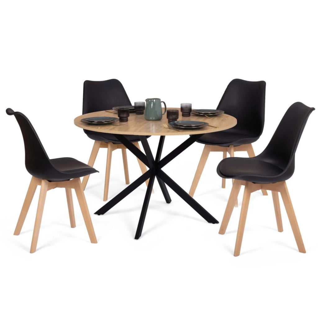 IDMarket - Tavolo da pranzo rotondo ALIX 110 cm in legno e nero e set di 4 sedie SARA nere