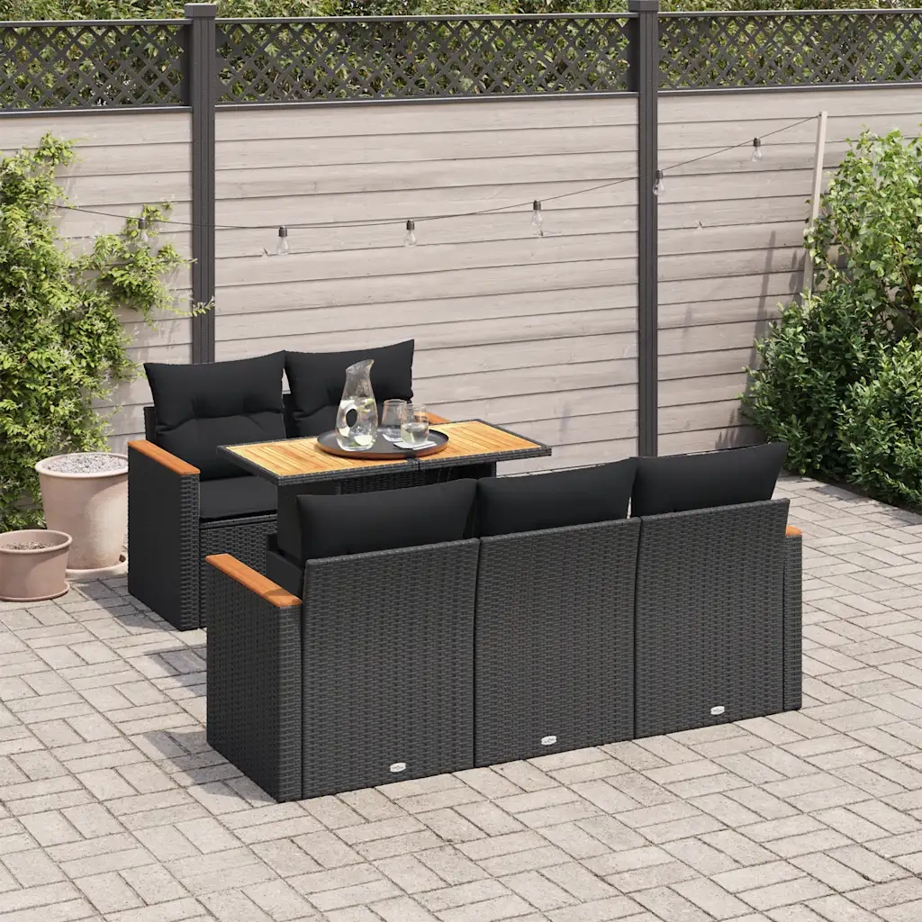 Set Divano da Giardino 6 pz con Cuscini Nero Polyrattan Acacia 3327436