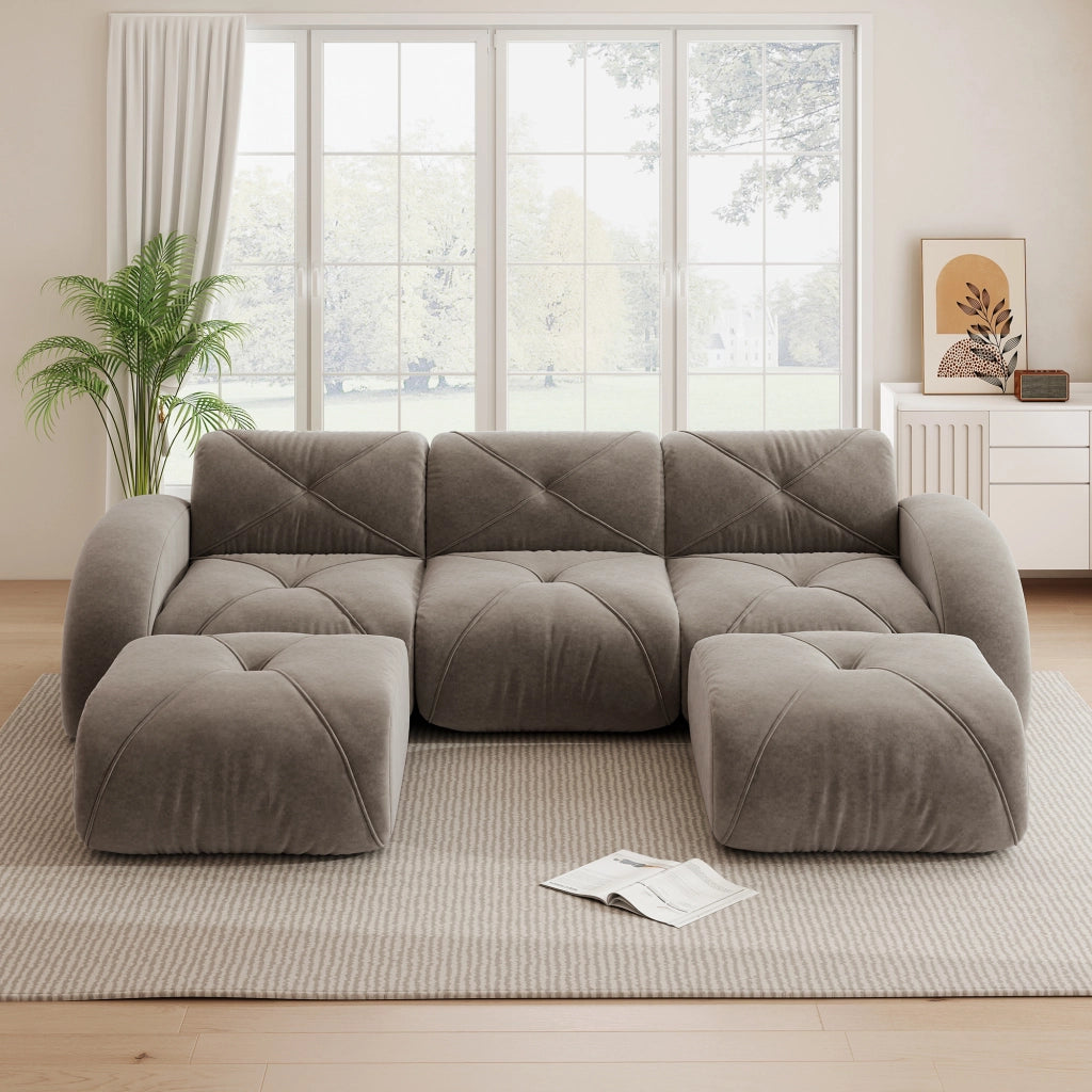 Sof¨¤ modulare a forma di U - Zephmum- 3 posti con 2 pouf, tessuto comodo, antiscivolo, marrone