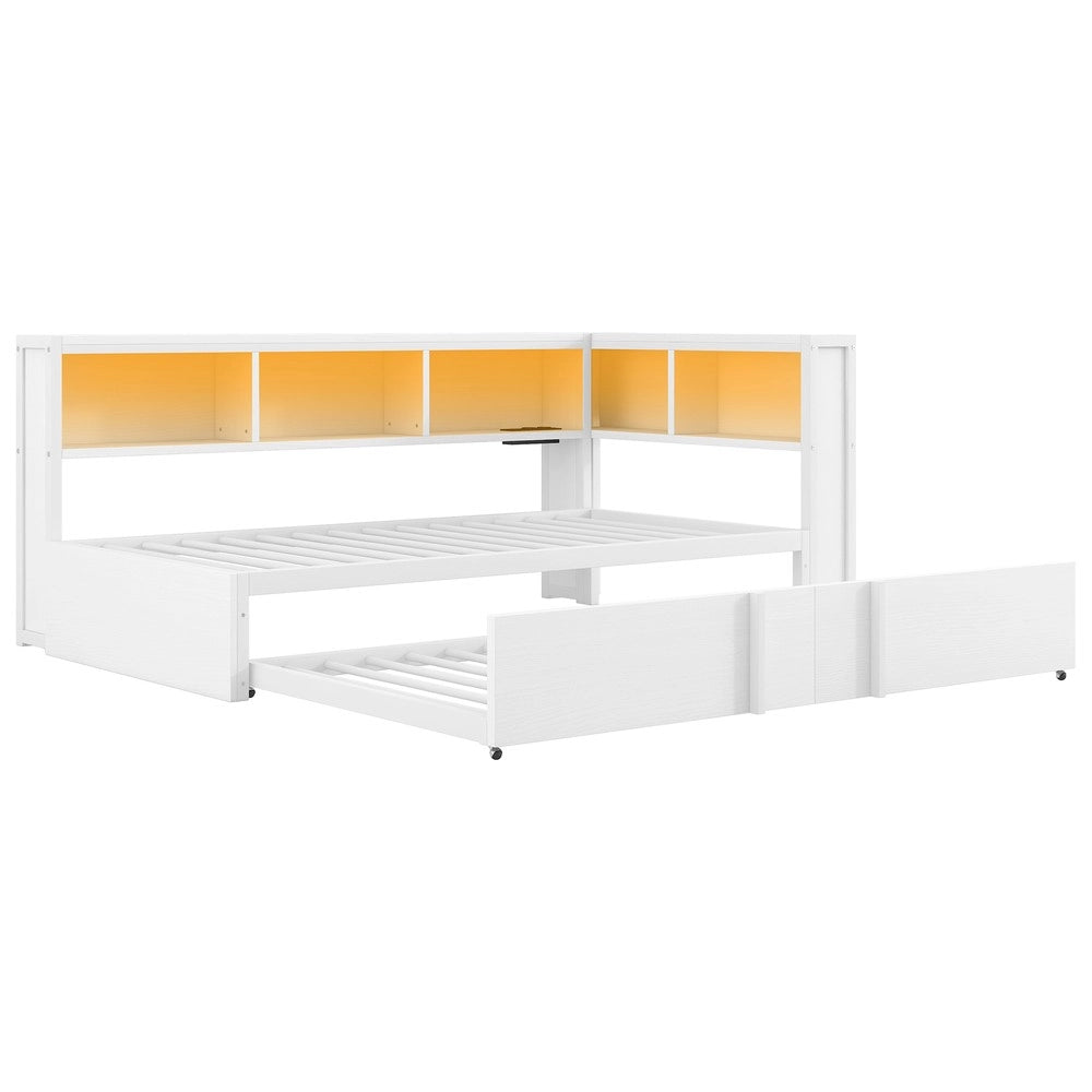 Letto con Rete Estraibile, LED e USB ¨C MINIMAL ¨C Metallo Bianco 90x200