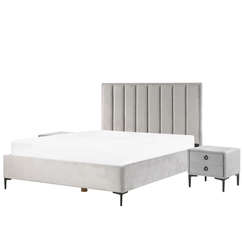 Set camera da letto in velluto grigio King Size letto con contenitore 2 comodini imbottiti