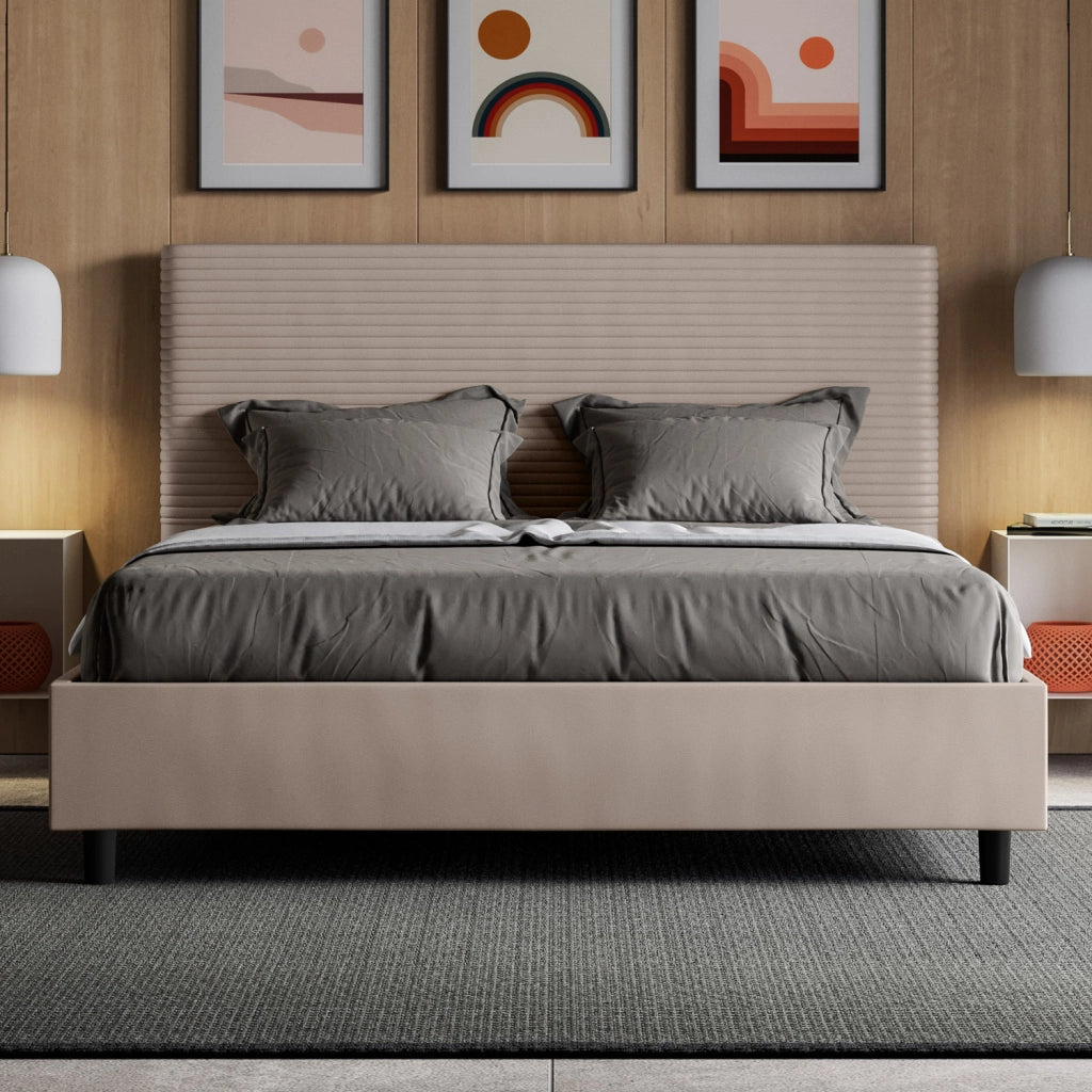 BS COM Letto matrimoniale francese con rete imbottito 140x210 similpelle tortora