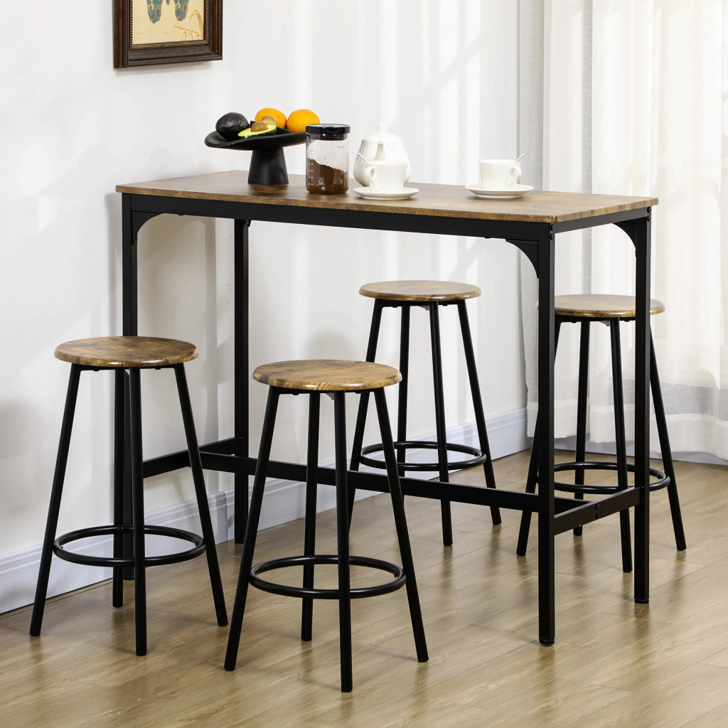 Set da Bar 5 pezzi con Tavolo alto e 4 Sgabelli Stile Industriale, Marrone e Nero