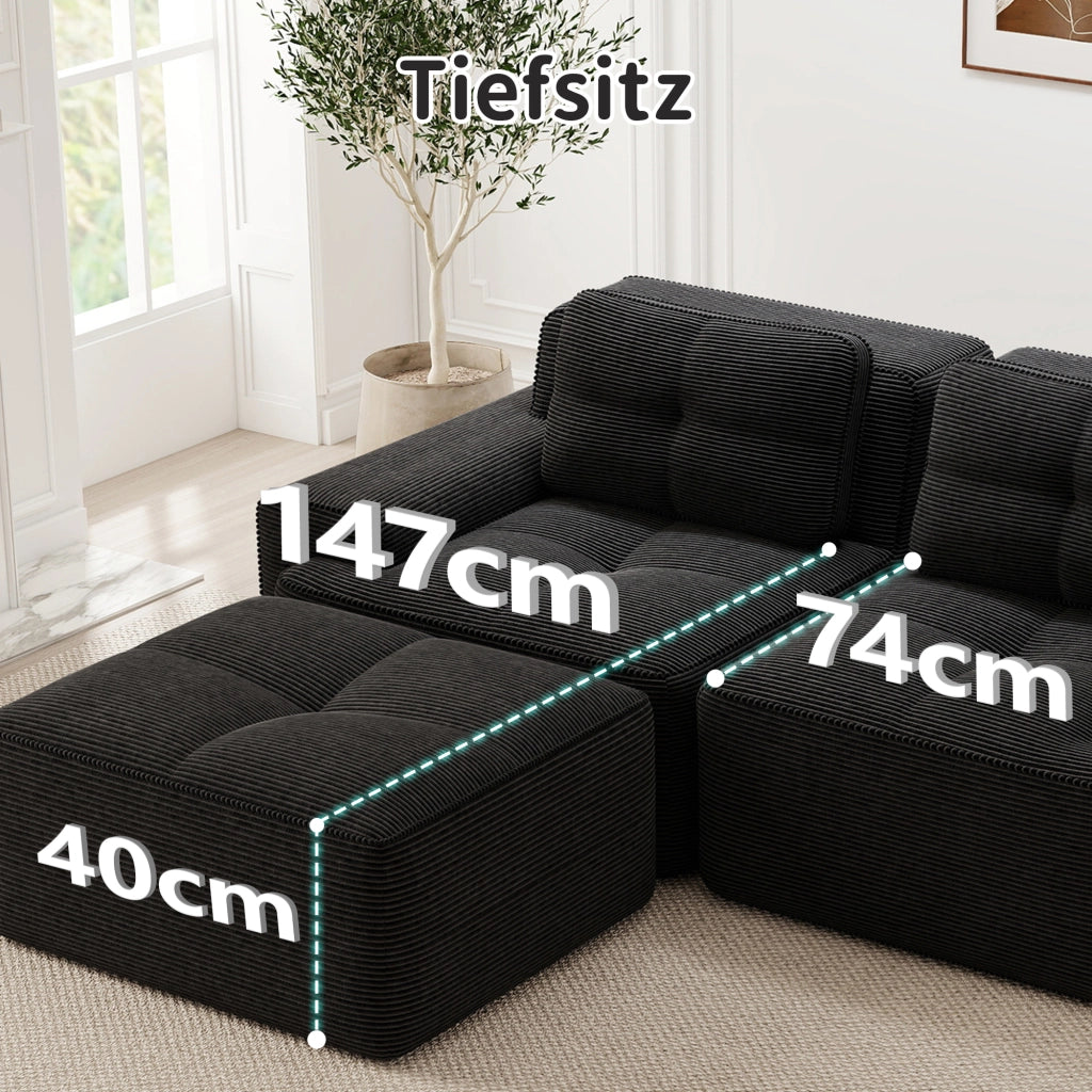 Cloud Modulsofa L-Form - Zephmum - 3-Sitzer, Samtstoff, Schwarz, mit Ottoman