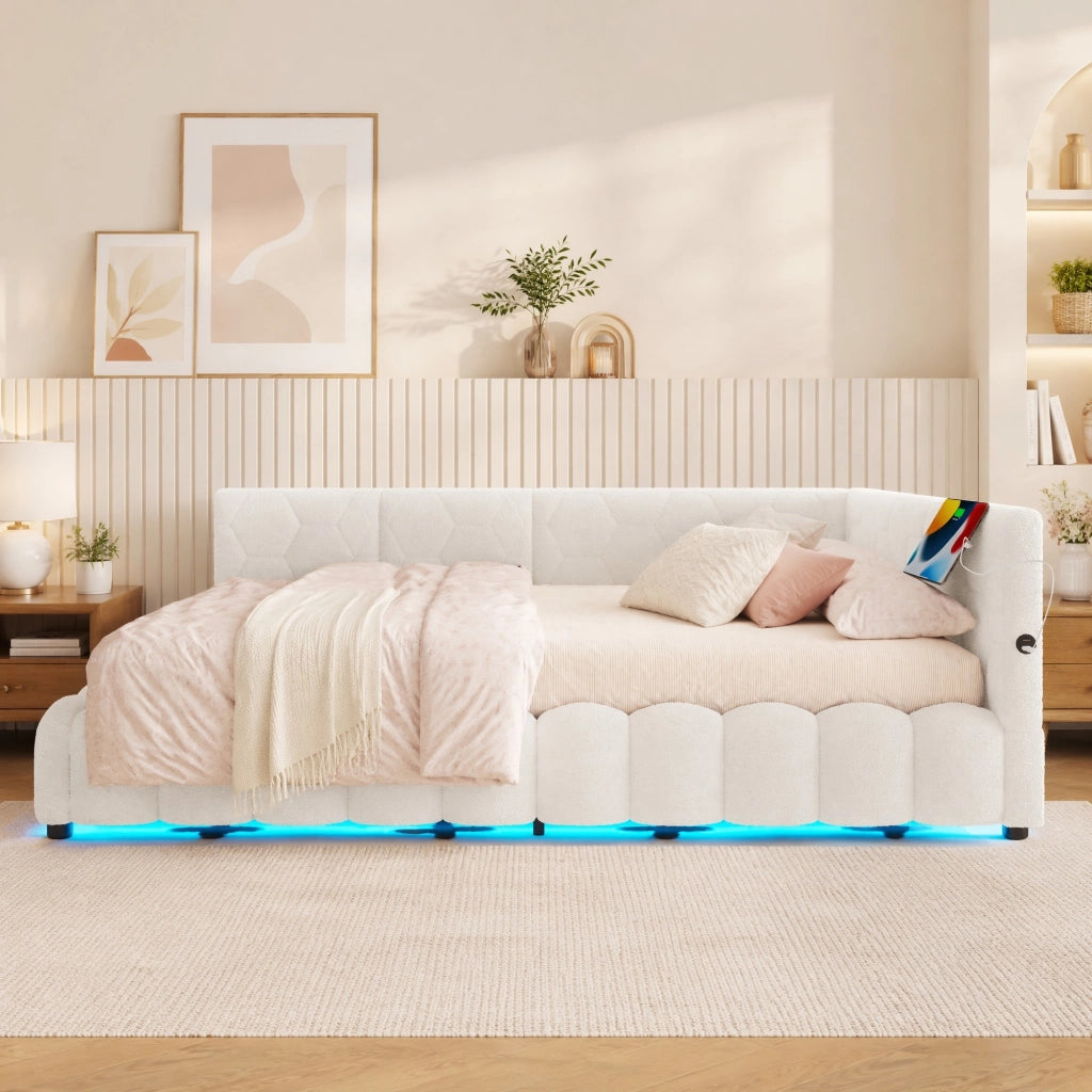 LETTO Contenitore 140x200 cm in velluto bianco con LED, USB e Tipo-C