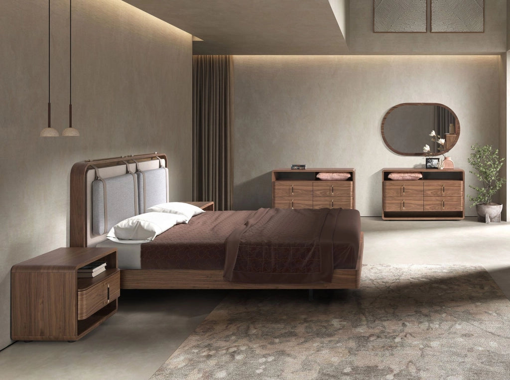 Letto in tessuto color beige e grigio
