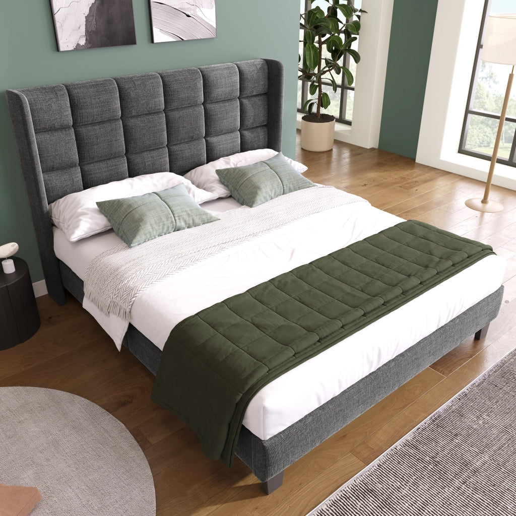 Letto matrimoniale imbottito 140x200 cm con testiera imbottita e rete a doghe; design moderno; lino grigio