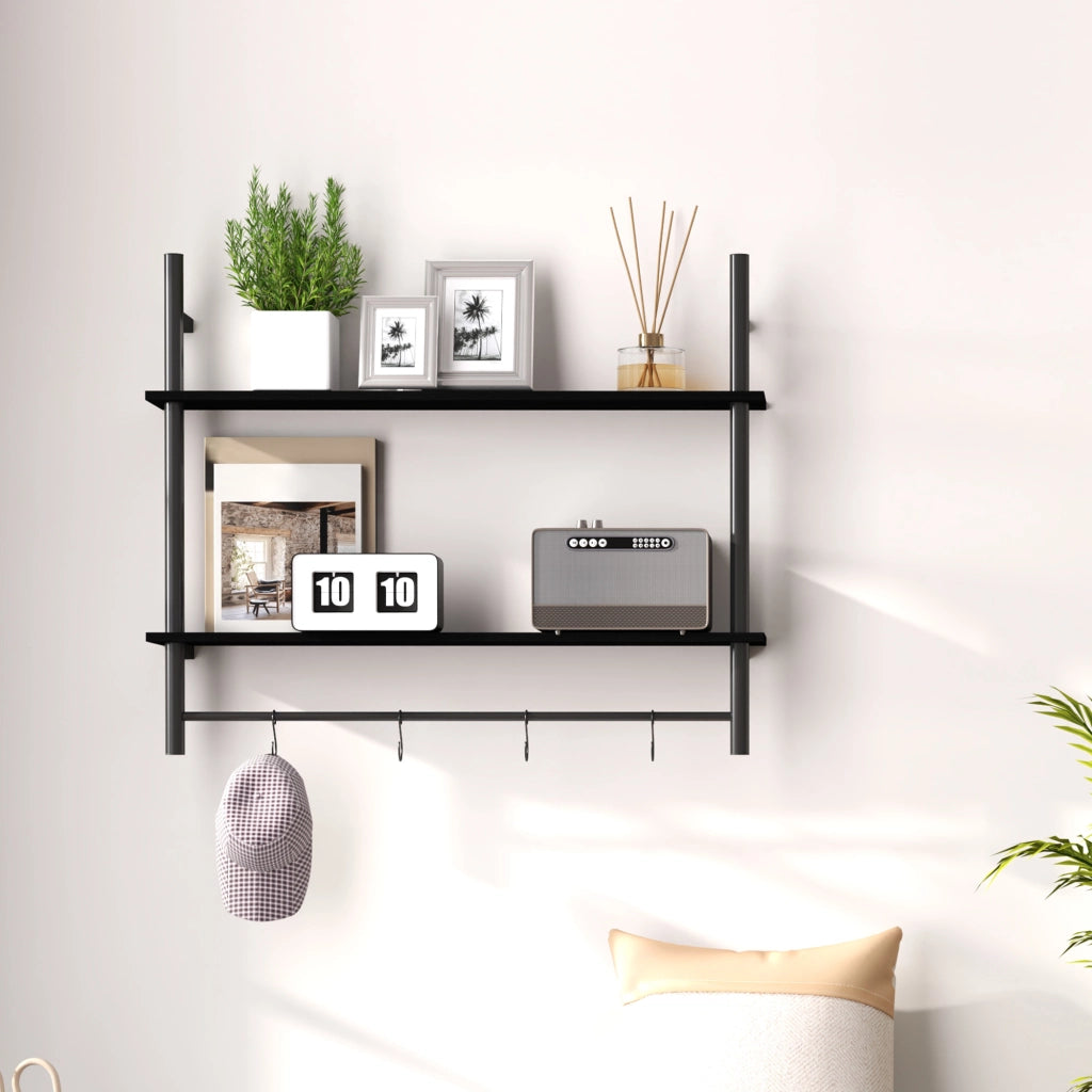 Scaffale a Parete 2 Livelli con 4 Ganci ¨C Minimal ¨C 80x24x65 cm Nero