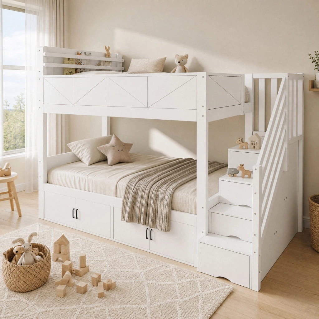 LETTO a castello 90x200 cm con scala contenitore bianco in legno e MDF