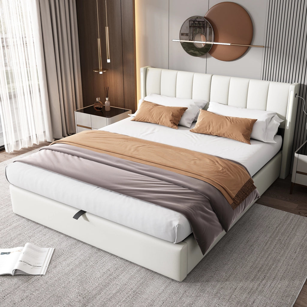 LETTO imbottito 160x200 cm in PU bianco con LED, USB e contenitore